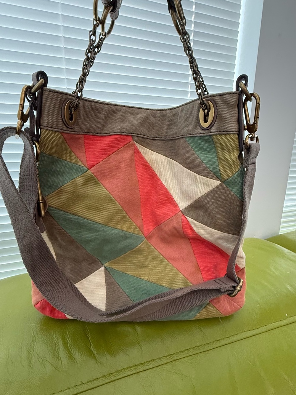 Fossil Patchwork Canvas Shoulder Bag in Coral, Green, Tan and Cream